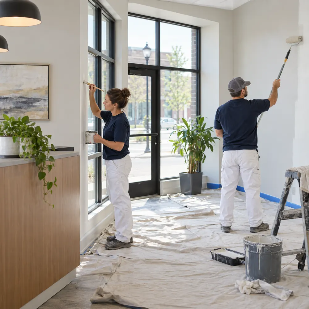 Commercial painting crew working on an Eastern Iowa business property