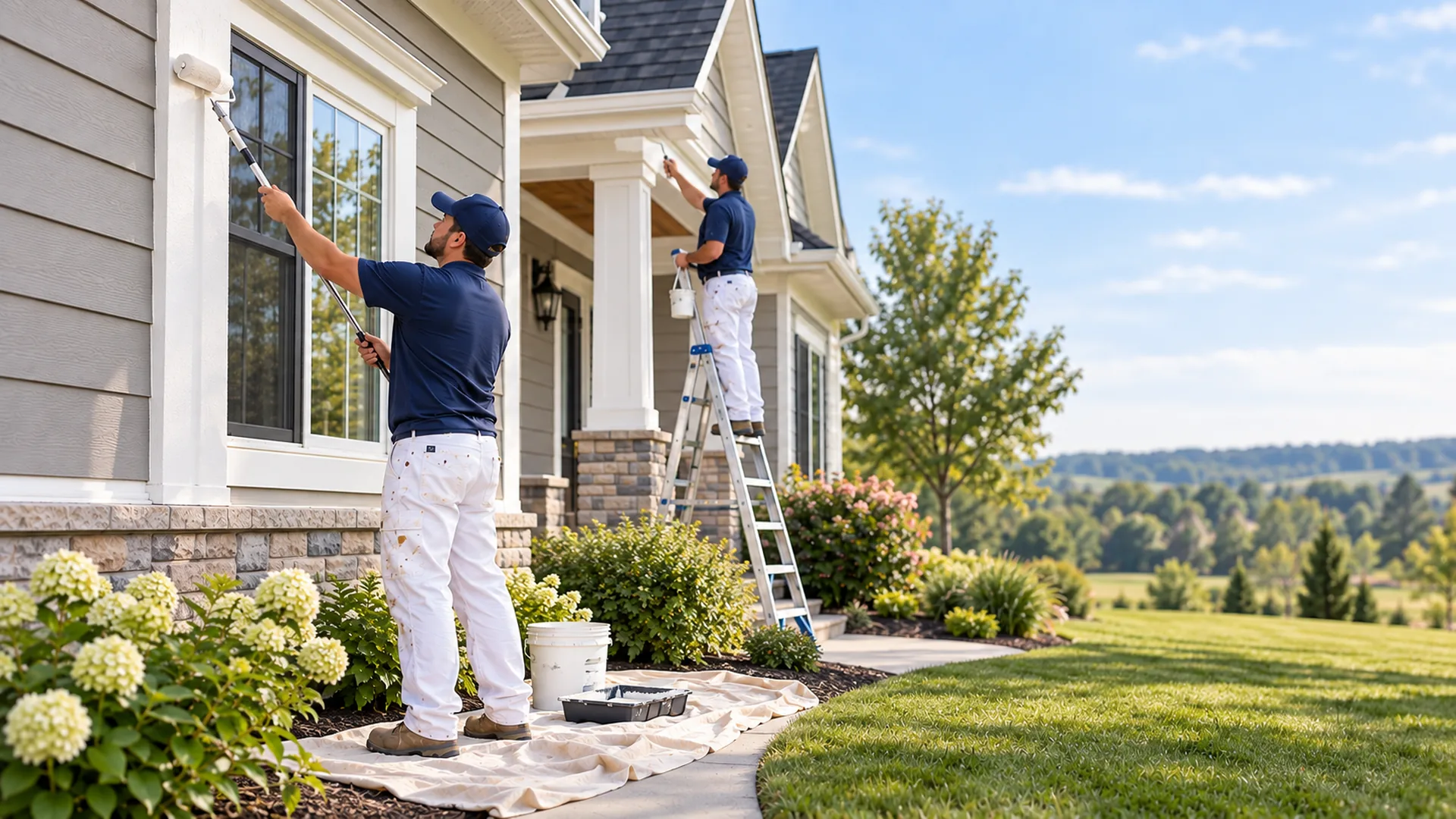 Exterior painting crew coating siding and trim on an Eastern Iowa home