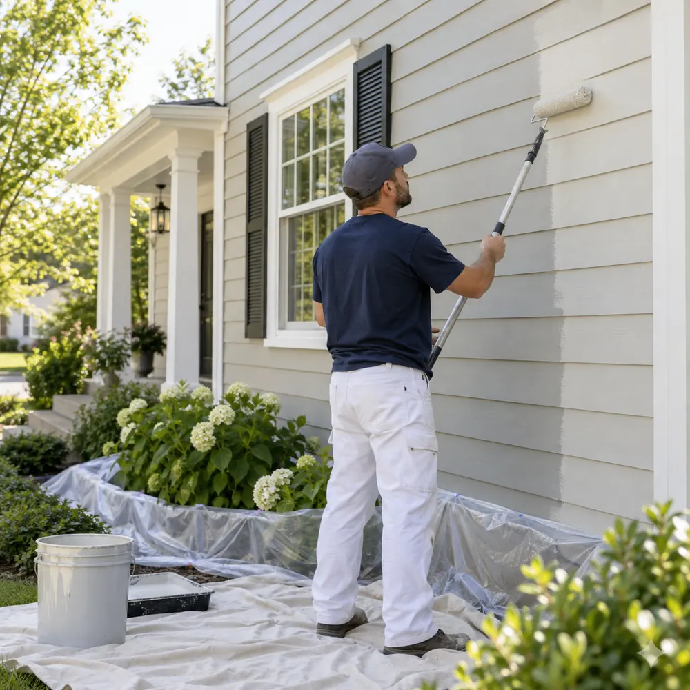 Exterior painter coating house siding in Eastern Iowa