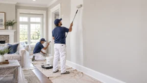 Interior painters coating a protected living room wall in Eastern Iowa