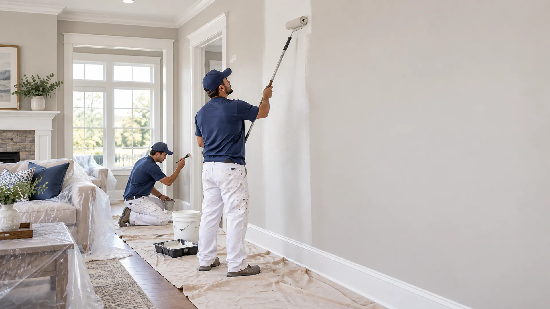 Interior painters coating a protected living room wall in Eastern Iowa