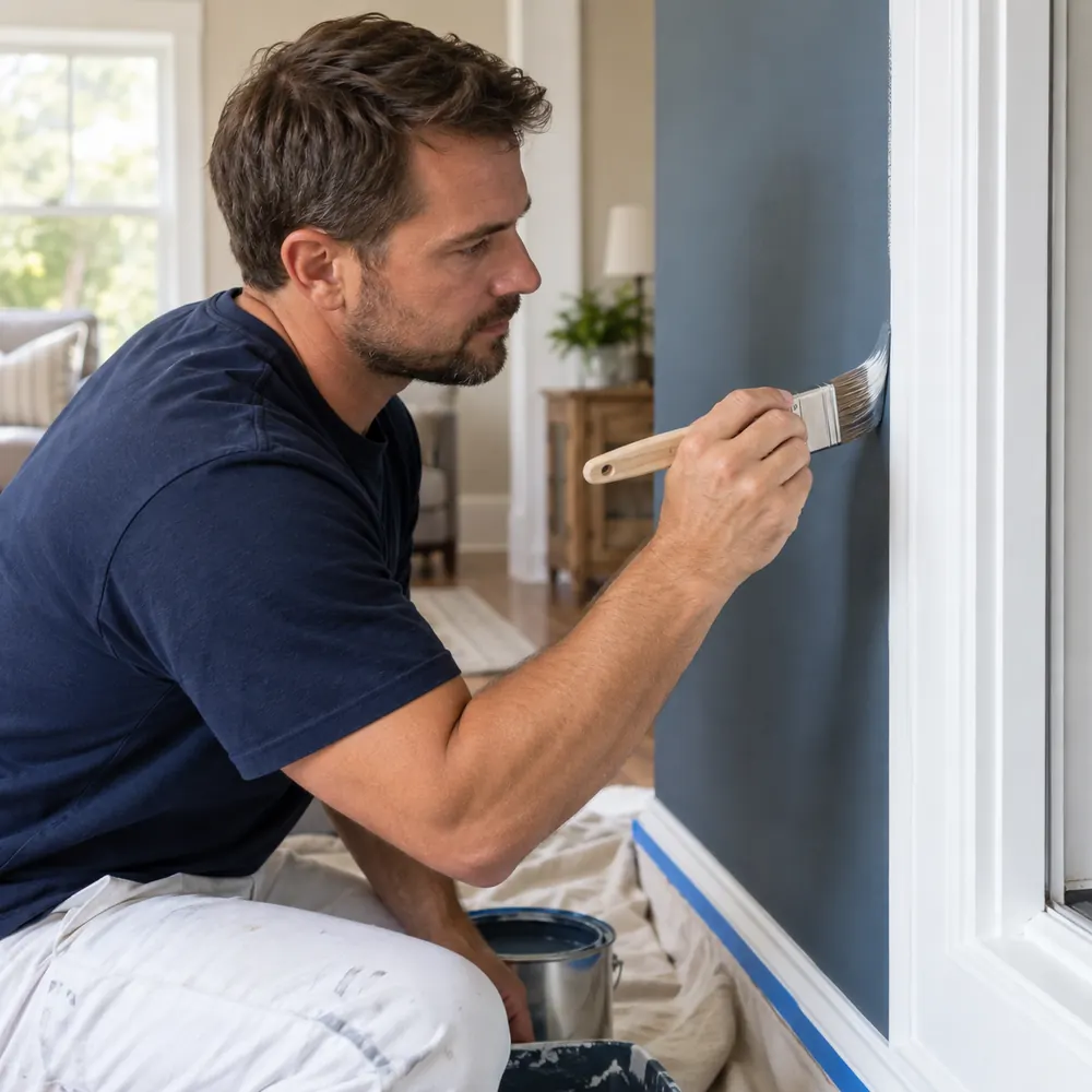 Interior painter creating a crisp wall finish in an Eastern Iowa home