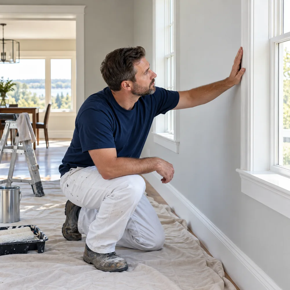 Painter inspecting clean lines and finish quality on an Eastern Iowa project