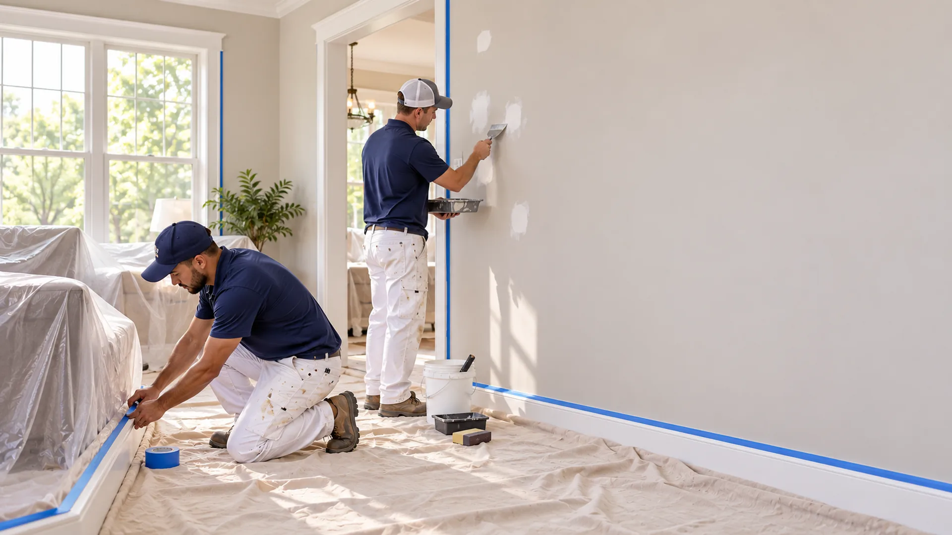 Painting crew preparing walls and protecting a room in Eastern Iowa
