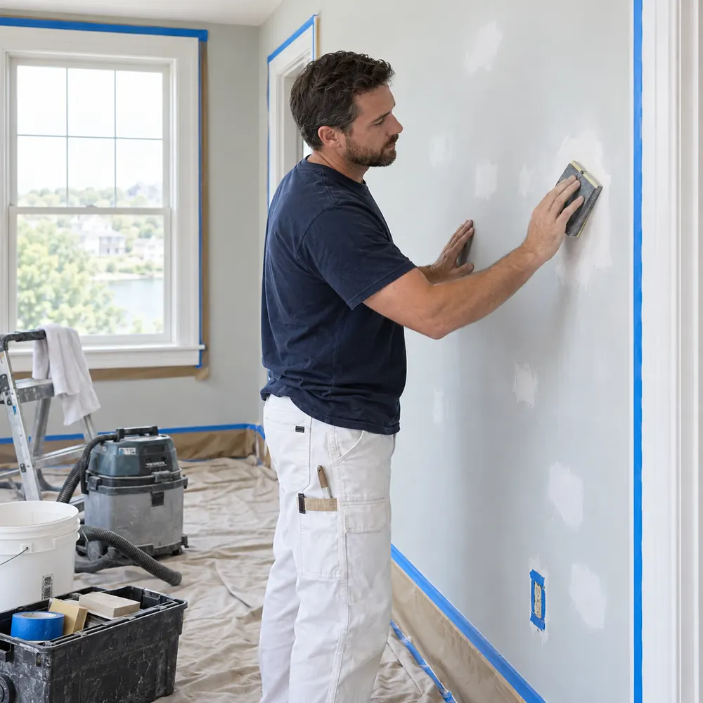 Painter preparing a wall surface before painting in Eastern Iowa