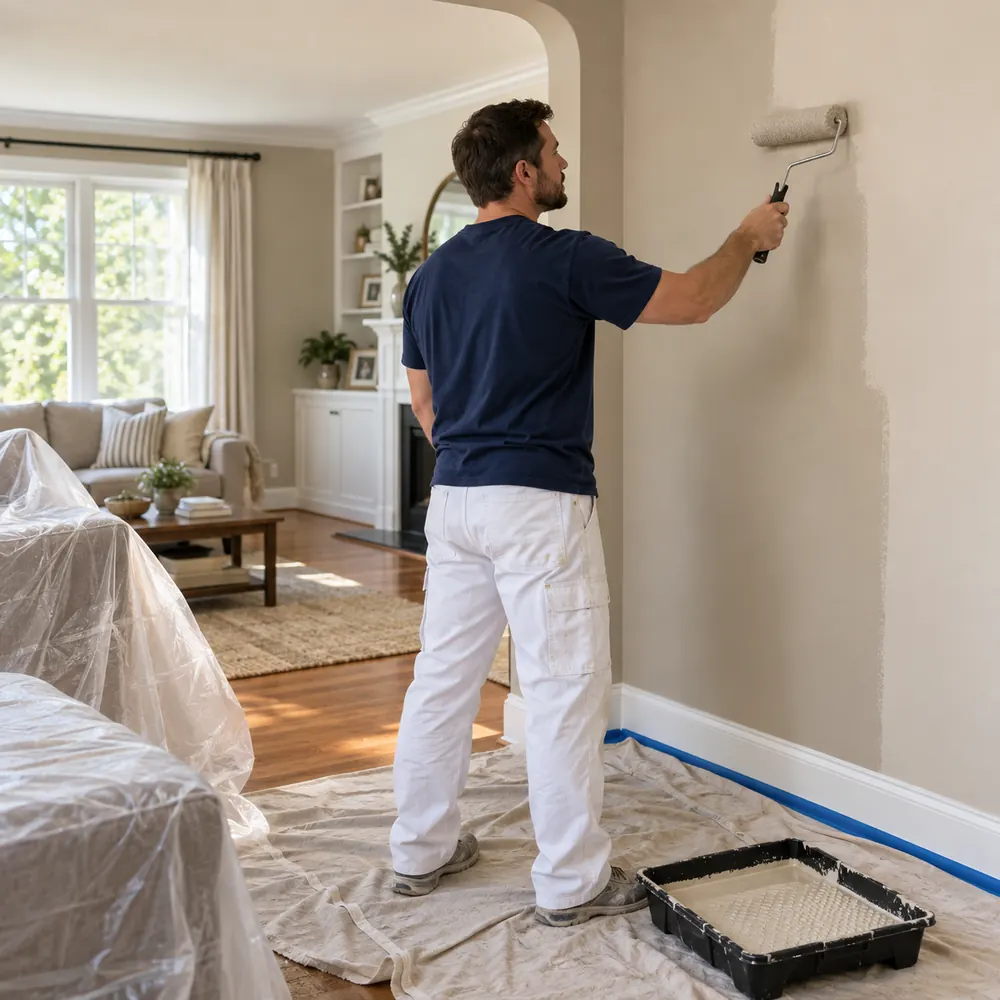 Residential painter applying a clean finish inside an Eastern Iowa home